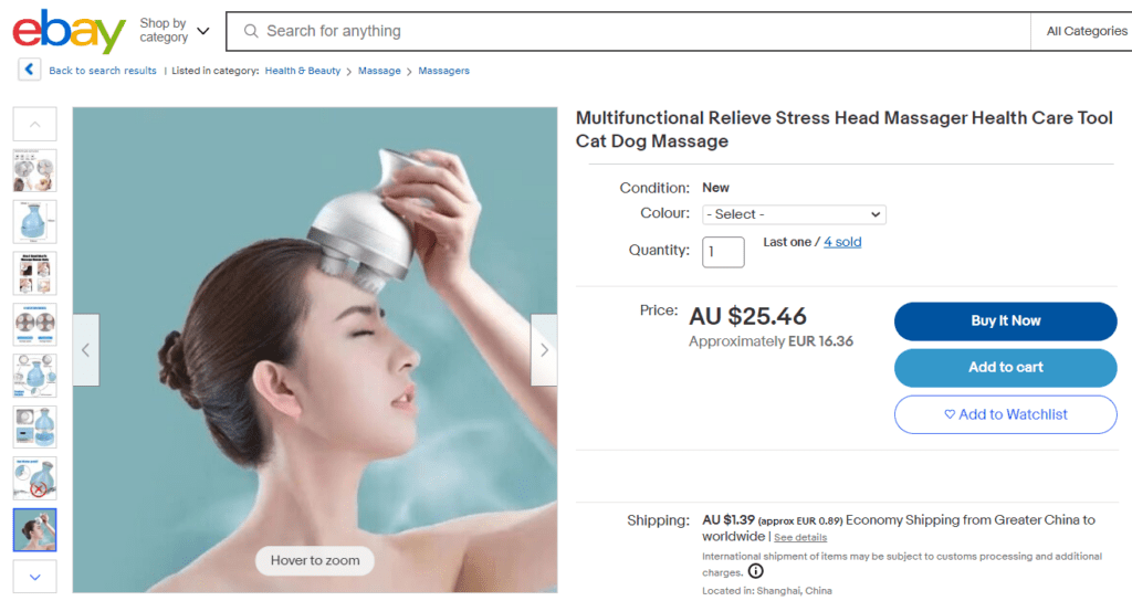 Product listing of massage tool on eBay