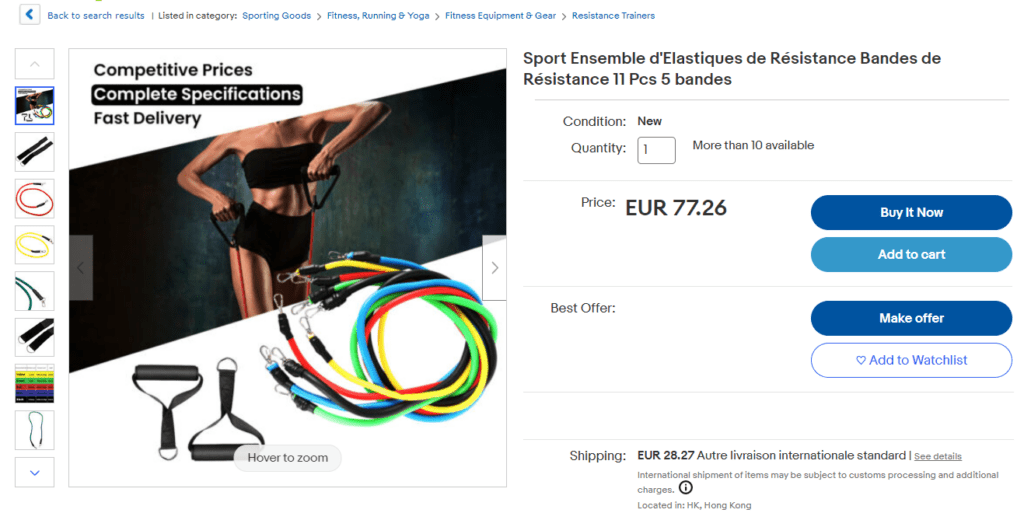 Product listing of resistance bands on eBay