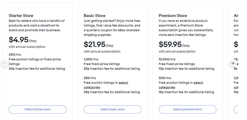 Store subscription plans of eBay