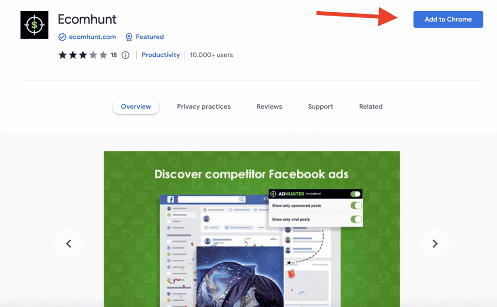 Chrome extension of Ecomhunt