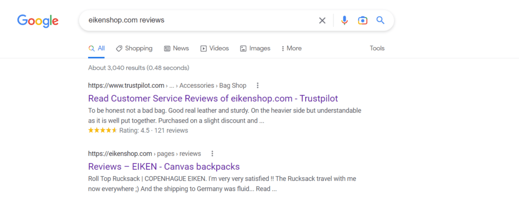 Eiken reviews page on Google