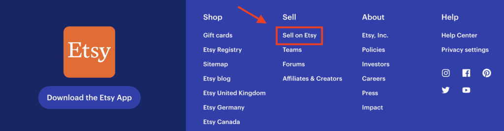 Footer section of Etsy