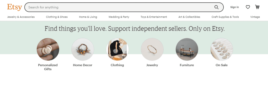Etsy home page