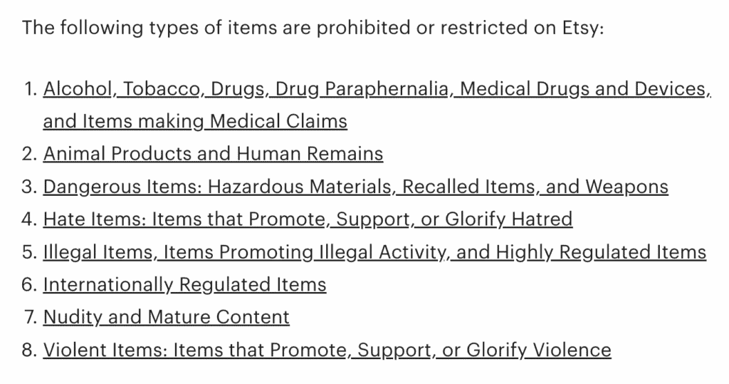 Prohibited products of Etsy