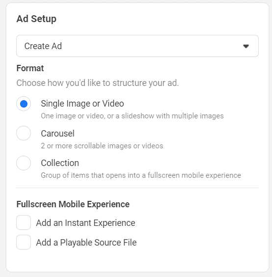 Different Facebook ad types for conversion campaign