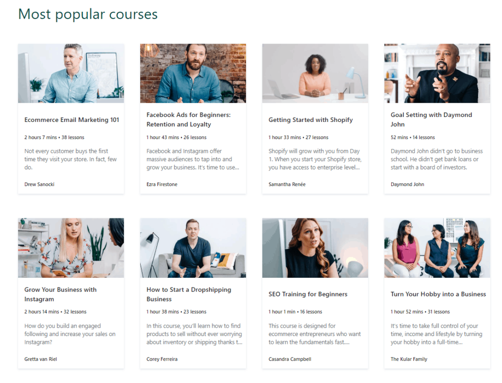 Shopify Learn free courses examples