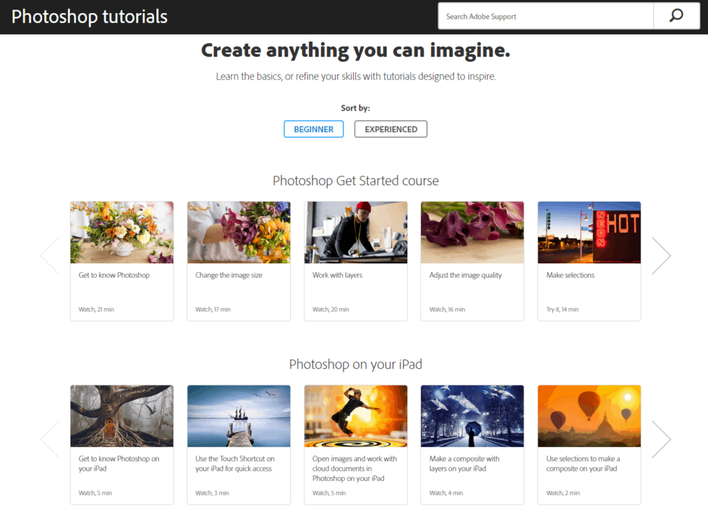 Screenshot of the free Photoshop courses on the Adobe website