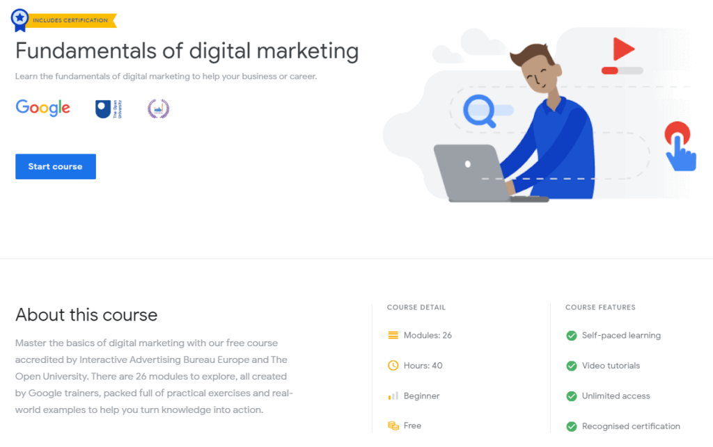 Screenshot of the Fundamentals of Digital Marketing course from Google
