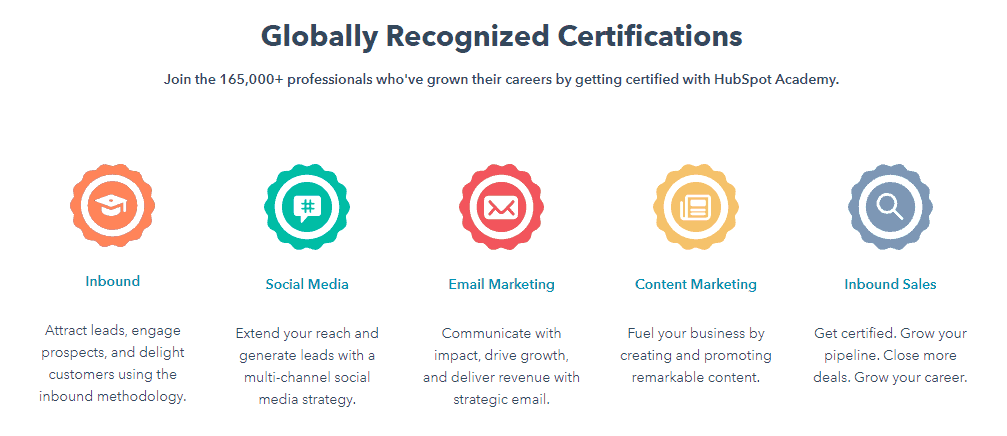 Screenshot of the certifications that you can earn with the Hubspot Academy