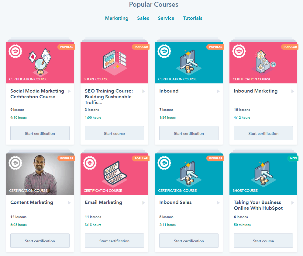 Examples of some of the free courses that you can follow on the Hubspot Academy