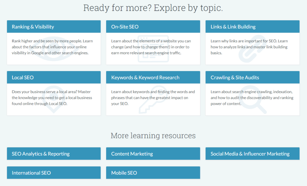 Screenshot of all the topics that they cover in their SEO Learning Center