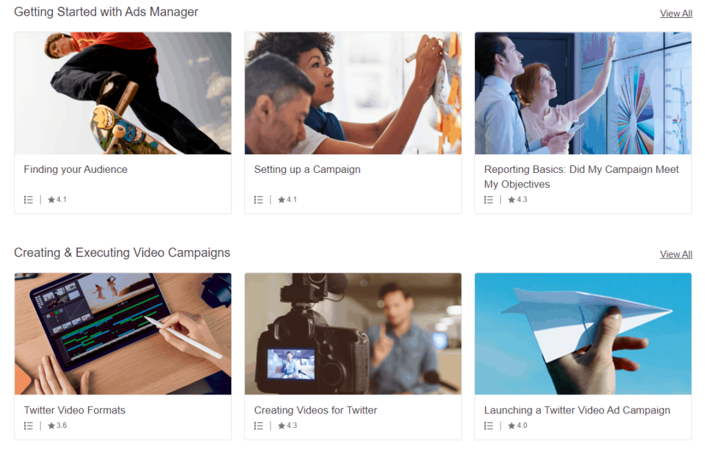 Example of some of the free courses that you can take on Twitter Flight School