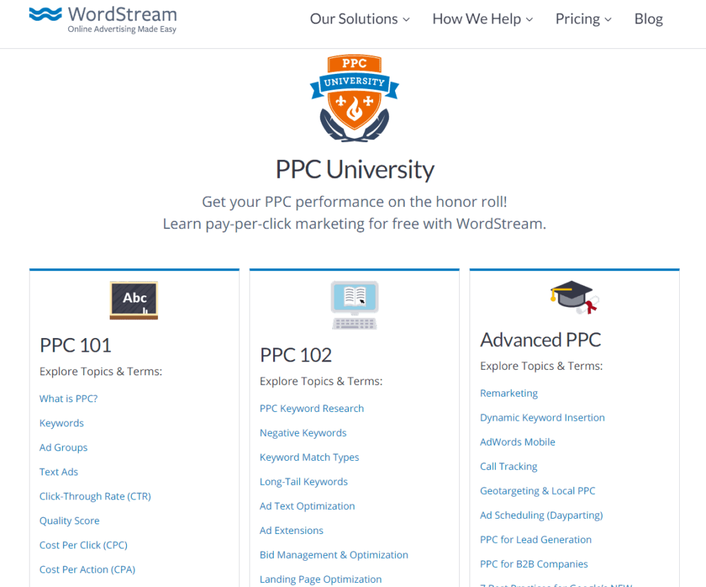 Screenshot of the PPC University by WordStream