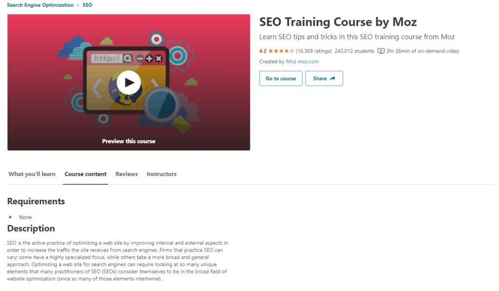 Example of a free Udemy course from Moz to learn more about SEO