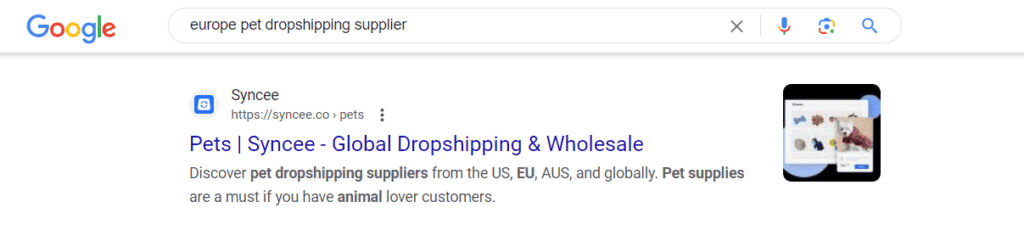 Google search Europe pet dropshipping supplier