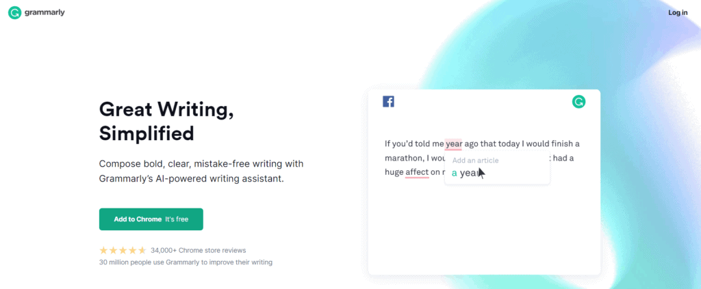 The homepage of Grammarly