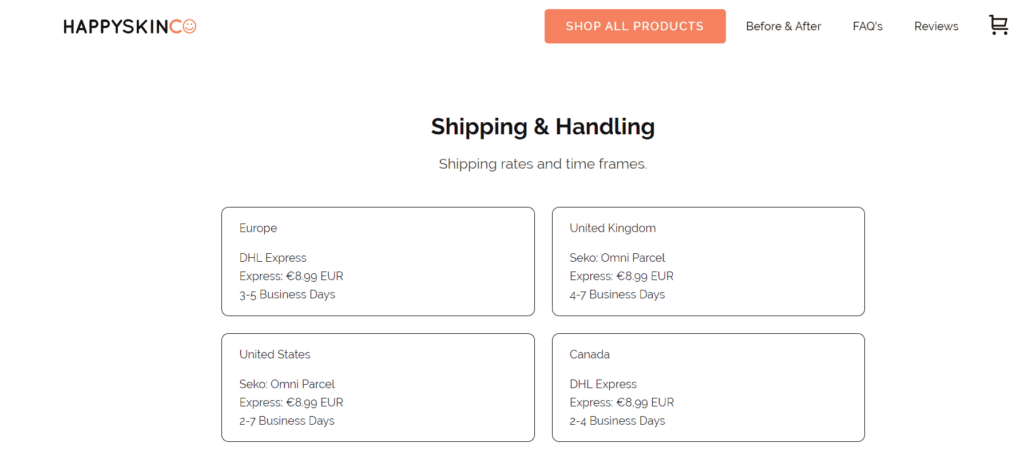 HappySkinCo Shipping and Handling page