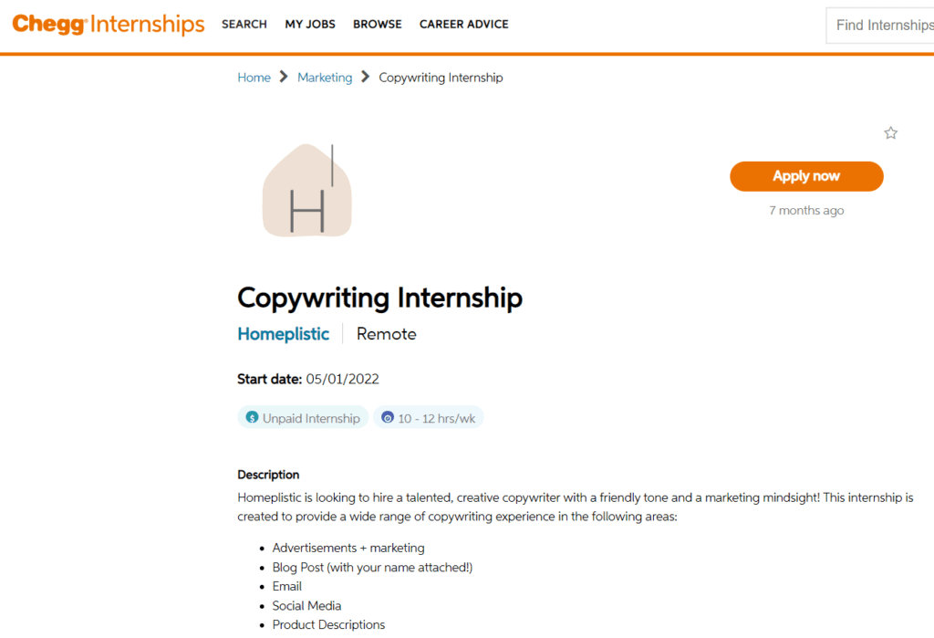 Homeplistic copywriting internship opening