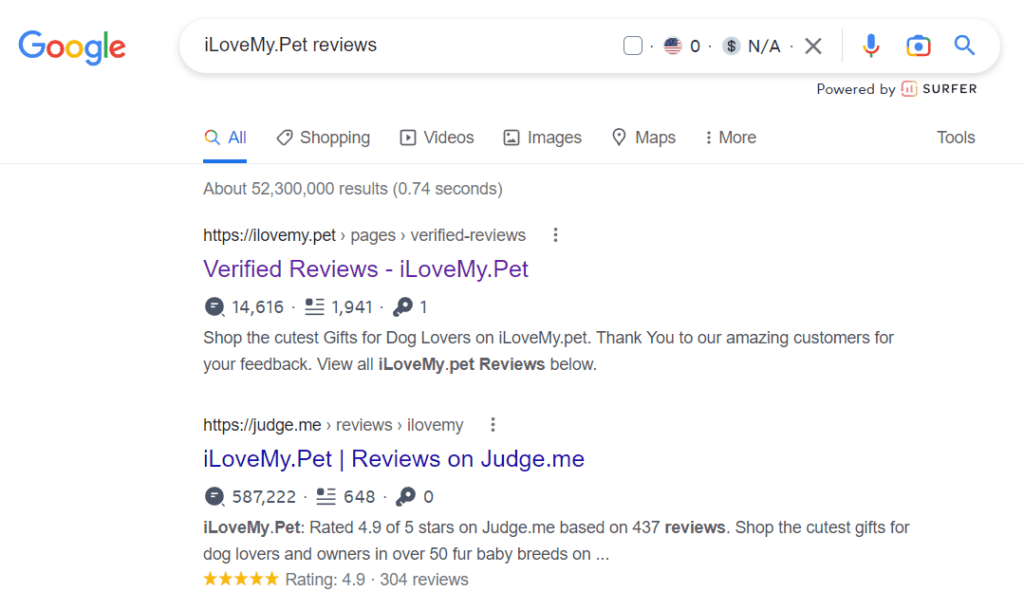 Their review page ranking in Google