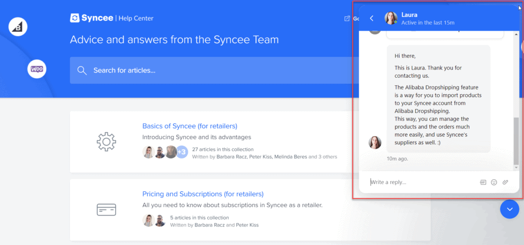 Live chat option of Syncee