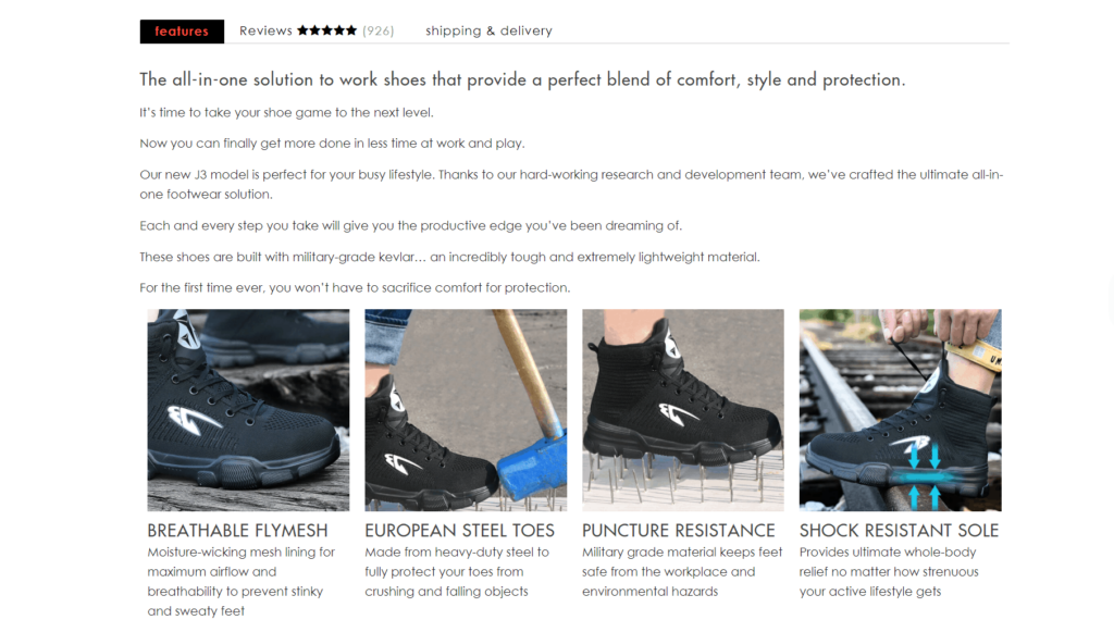 Indestructible Shoes product description example