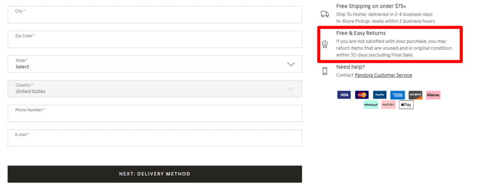 Returns policy on Pandora checkout page