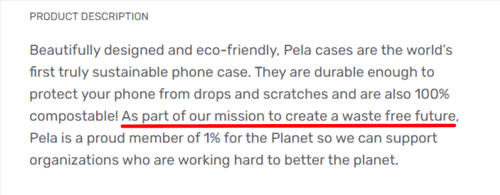 Pela Case product description with brand's mission