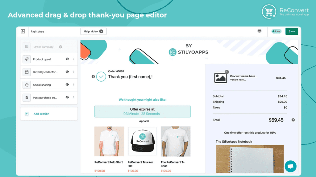 Example of post-purchase upsells by the Shopify app ReConvert