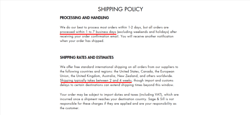 Sage & Sill shipping policy