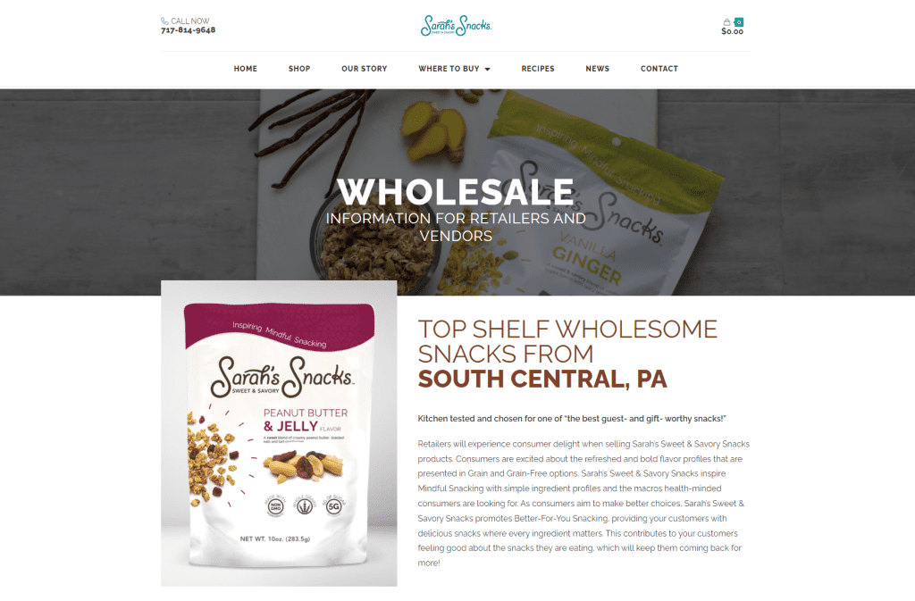 Sarah's Snacks wholesale page
