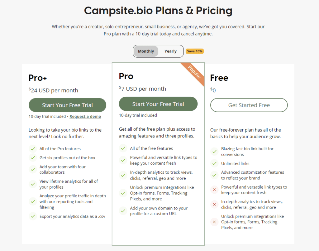 Screenshot of Campsitebio pricing