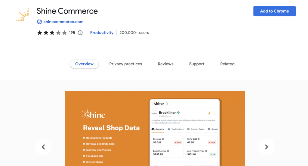 Chrome extension page of Shine commerce