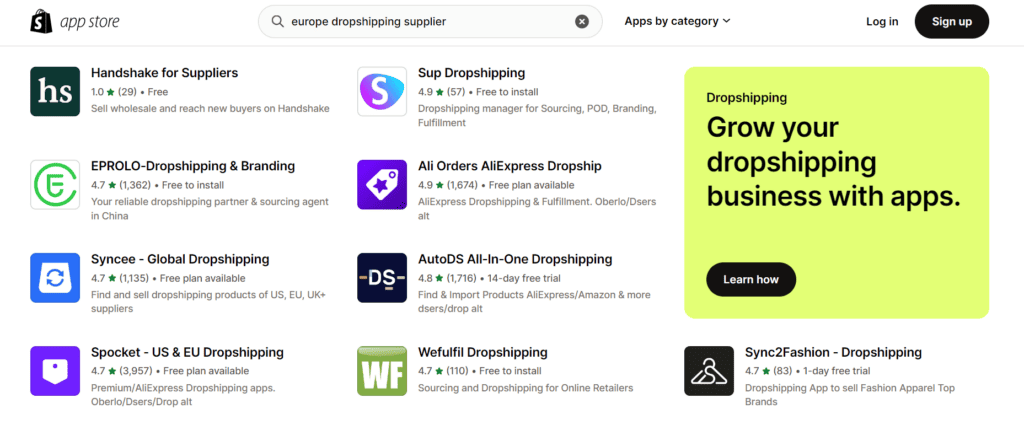 Shopify App Store searching for European dropshipping suppliers