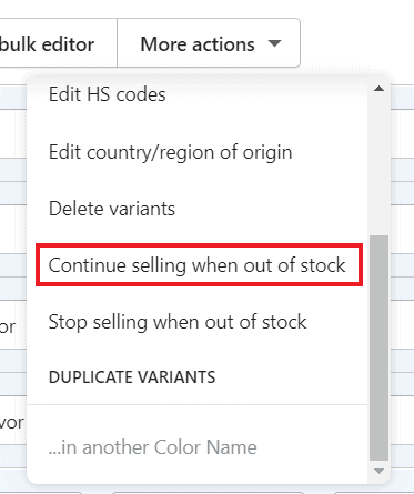 Continue selling when out of stock option Shopify