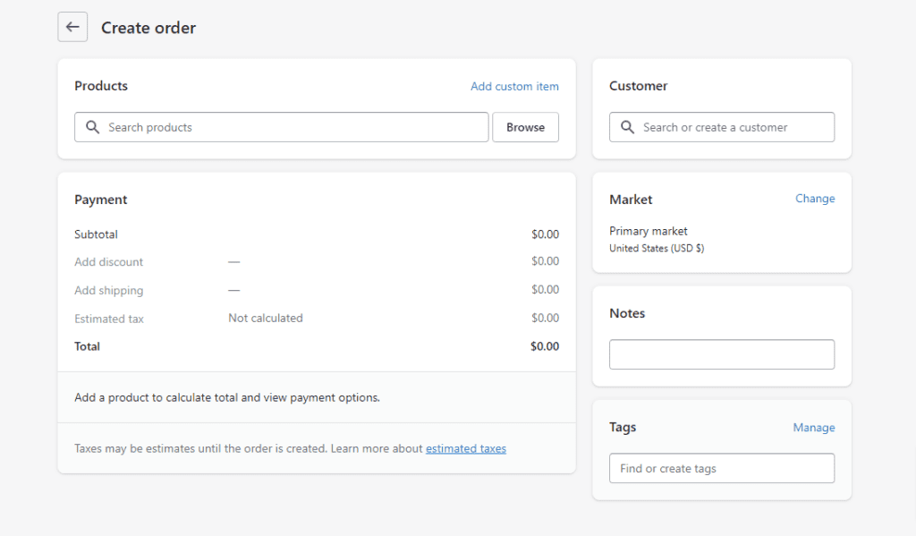 Shopify create order page