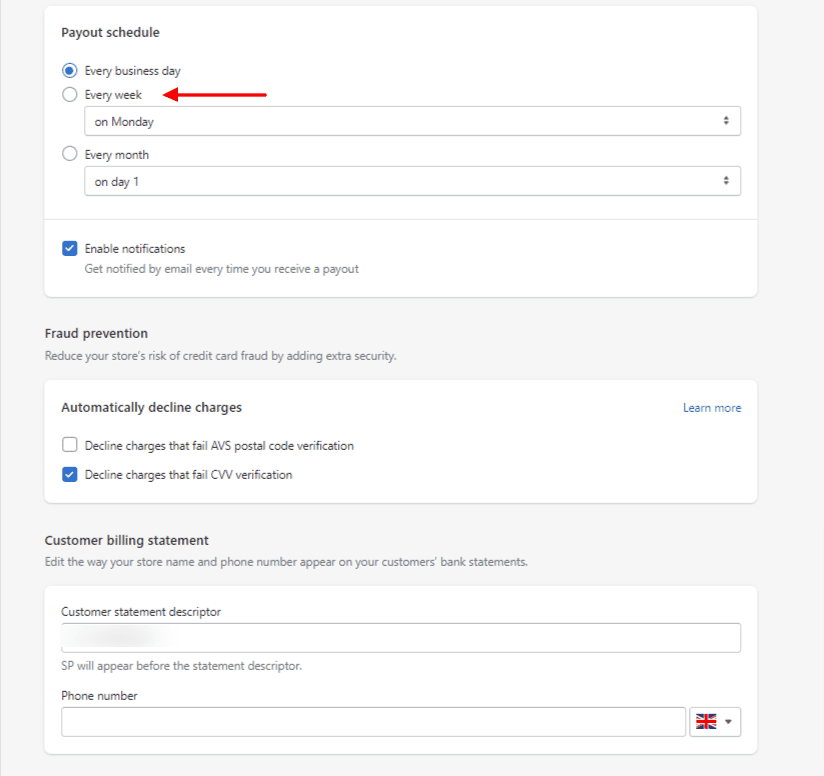 Shopify payments settings dashboard