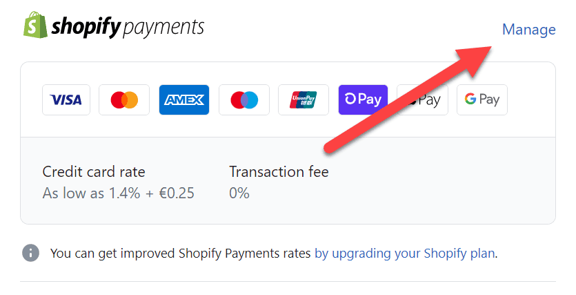 Shopify payments section on Shopify