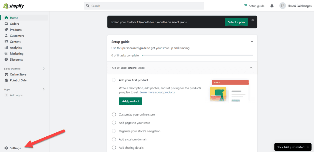 Settings of Shopify