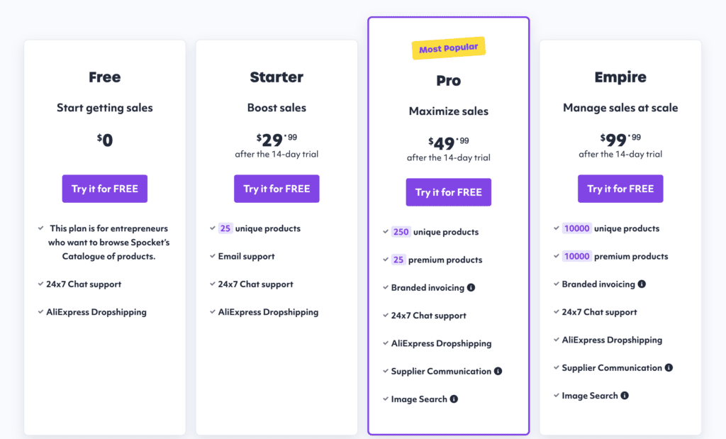 Spocket pricing page