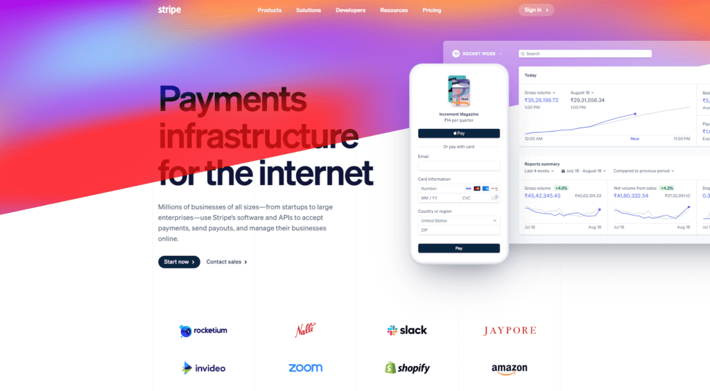 Homepage of Stripe payment provider