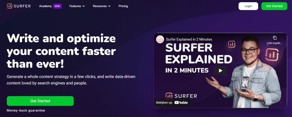 Homepage of SurferSEO