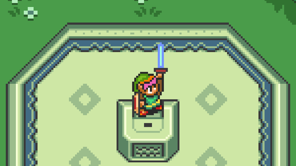 Link raising the Master Sword in The Legend of Zelda: A Link to the Past.