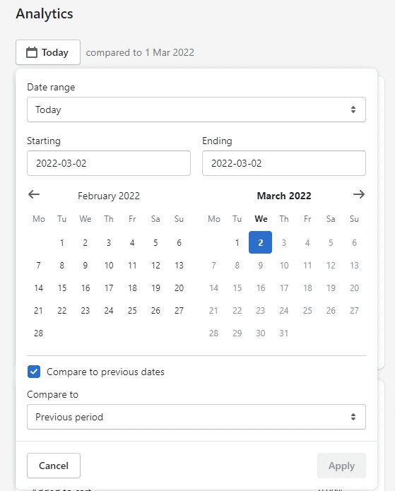 Shopify dashboard date comparison