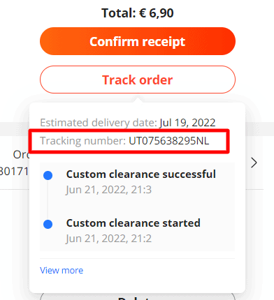 Tracking number on AliExpress example