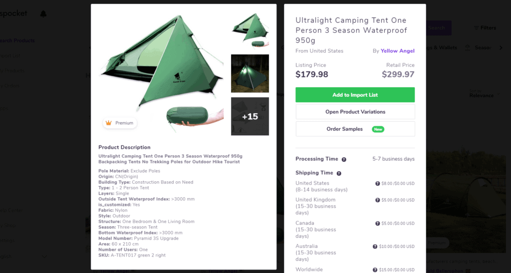 Ultralight camping tent high-ticket product example