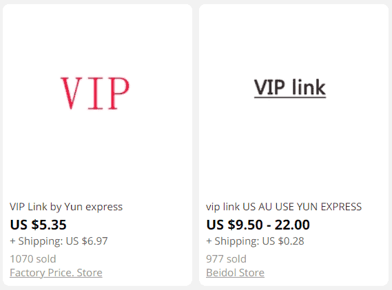 Examples of Yun Express VIP Links on AliExpress